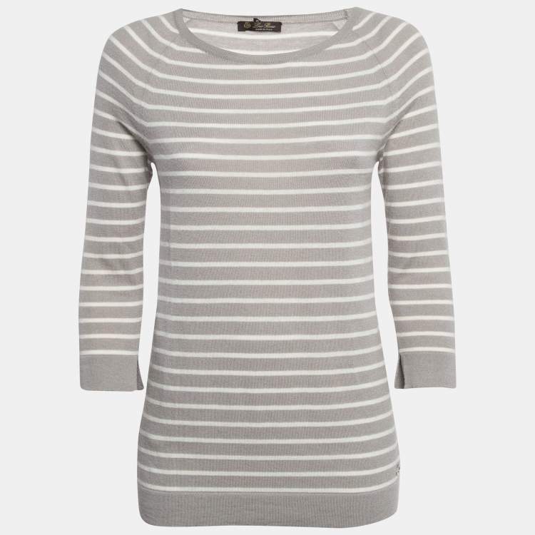 Pre Owned Loro Piana Grey Striped Cashmere Knit Sweater M