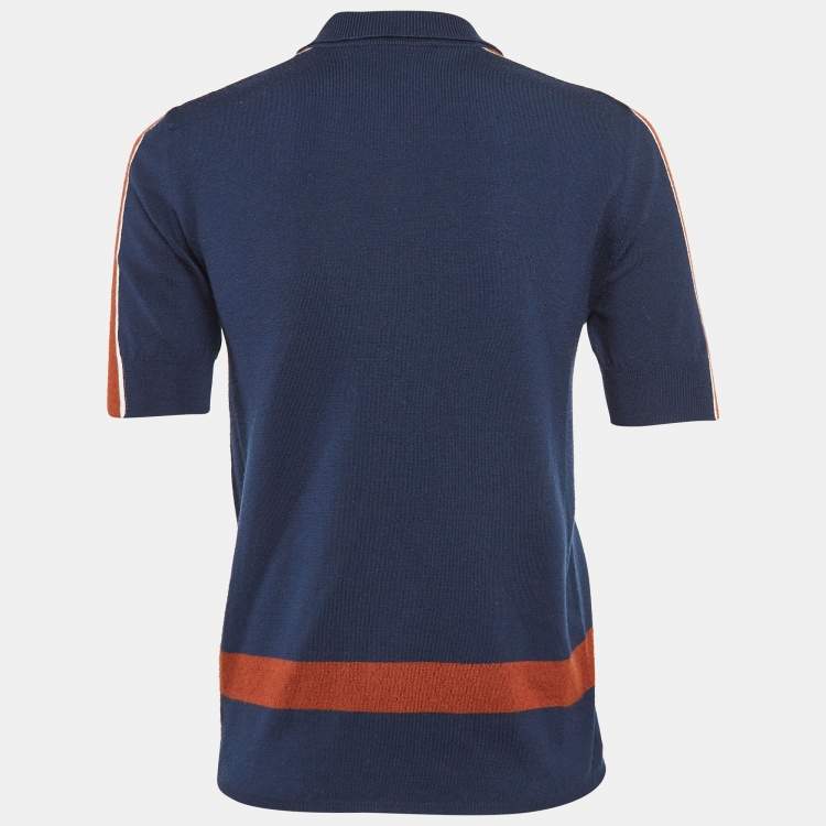 Pre Owned Loro Piana Navy Blue Striped Wool Knit Zip Up Polo Sweater M