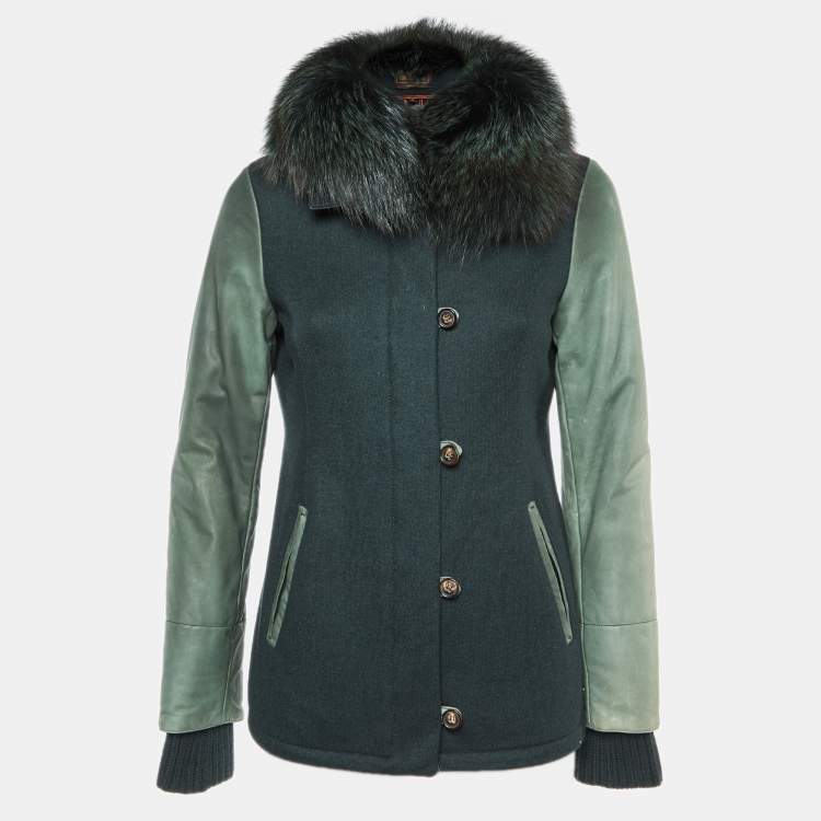 Pre Owned Loro Piana Green Cashmere & Leather Fur Collared Jacket S