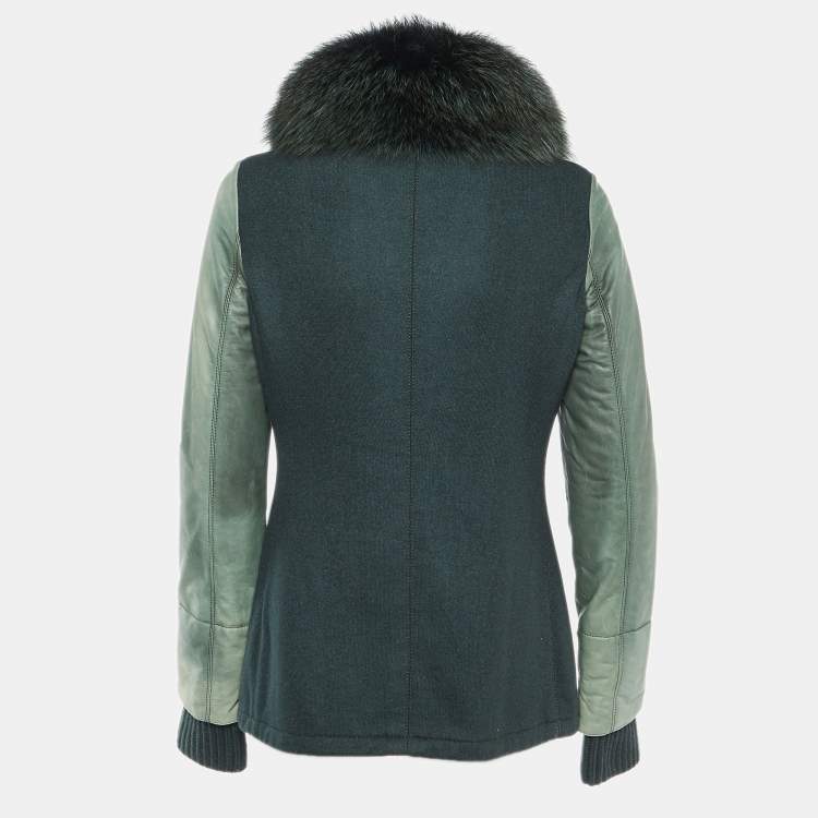Pre Owned Loro Piana Green Cashmere & Leather Fur Collared Jacket S