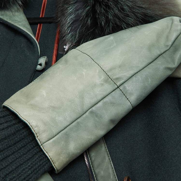 Pre Owned Loro Piana Green Cashmere & Leather Fur Collared Jacket S
