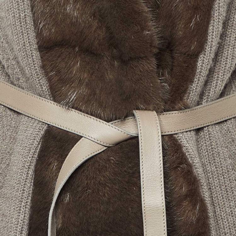 Pre Owned Loro Piana Grey Cashmere Knit Mink Fur Trim Belted Cardigan M