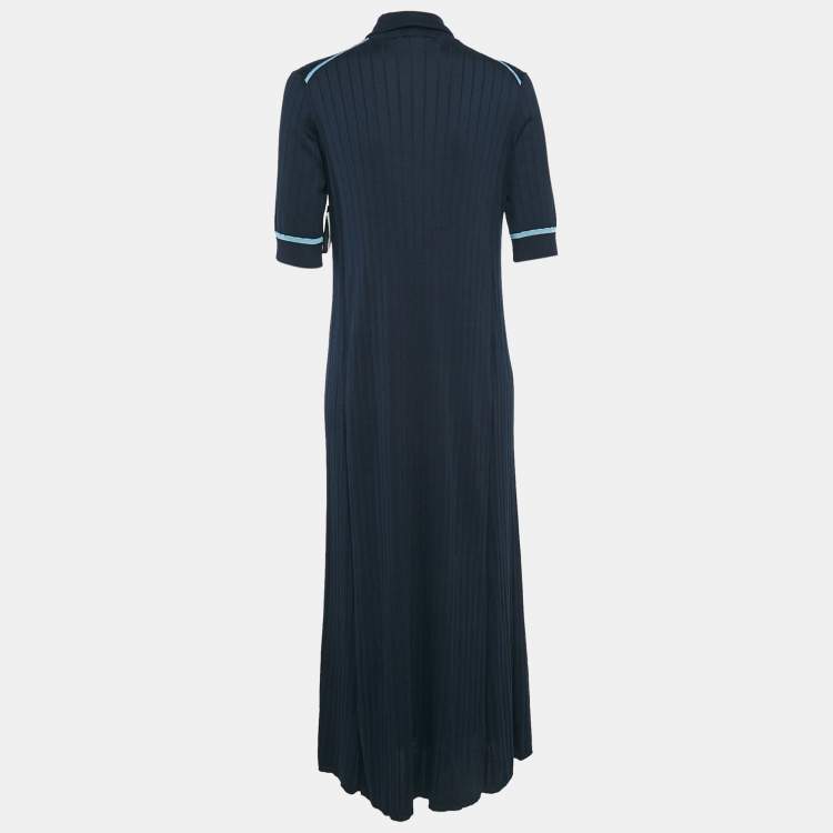 Pre Owned Loro Piana Navy Blue Rib Knit Turtle Neck Midi Dress L
