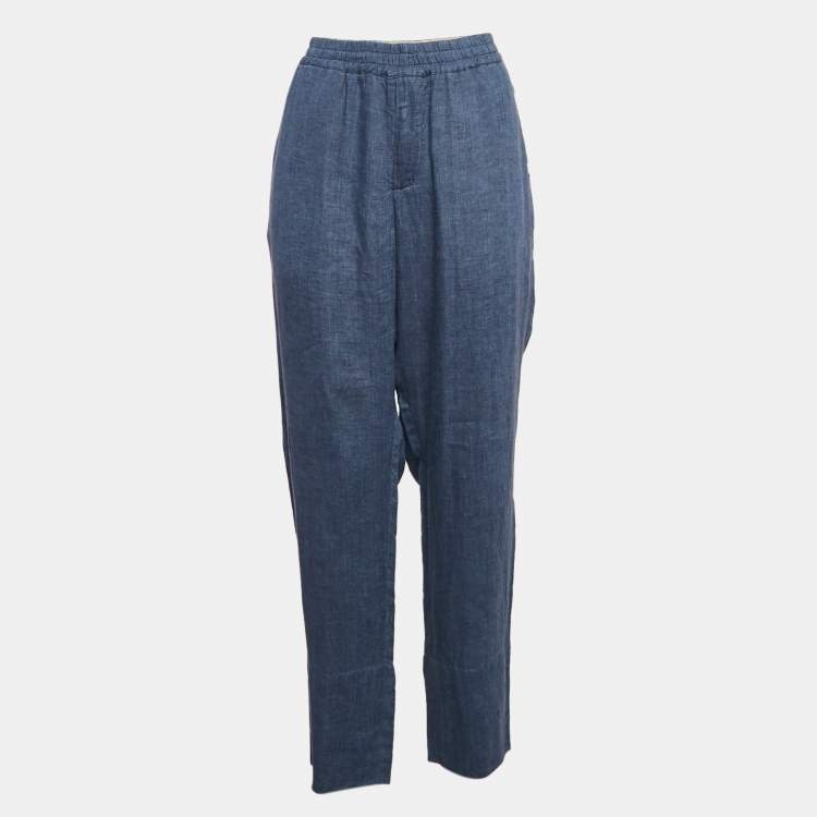 Pre Owned Loro Piana Blue Linen Straight Leg Trousers L