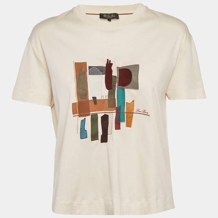 Pre Owned Loro Piana Cream Cotton Applique Work Detail T-Shirt M