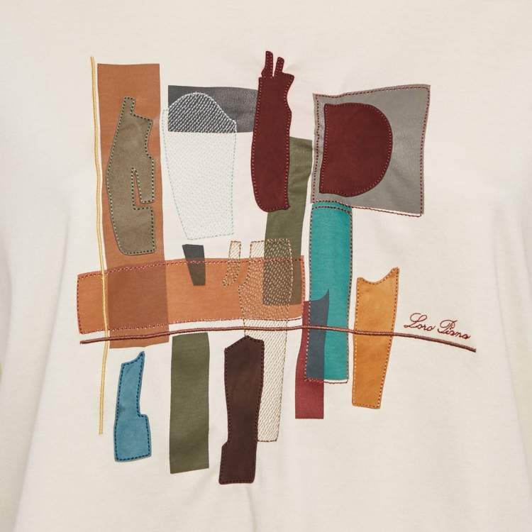 Pre Owned Loro Piana Cream Cotton Applique Work Detail T-Shirt M