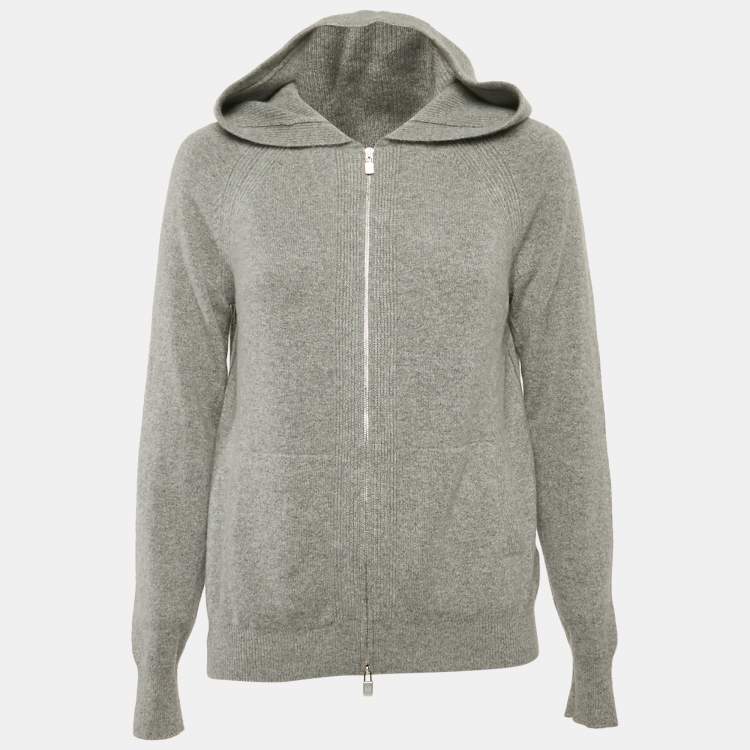 Pre Owned Loro Piana Grey Cashmere Knit Zip Up Hooded Jacket M