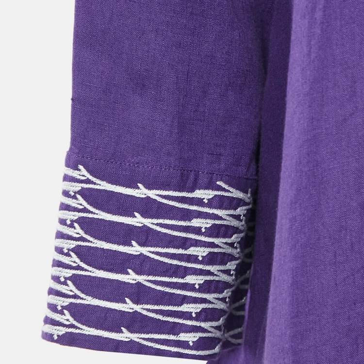 Pre Owned Loro Piana Purple Embroidered Linen Button Front Blouse L