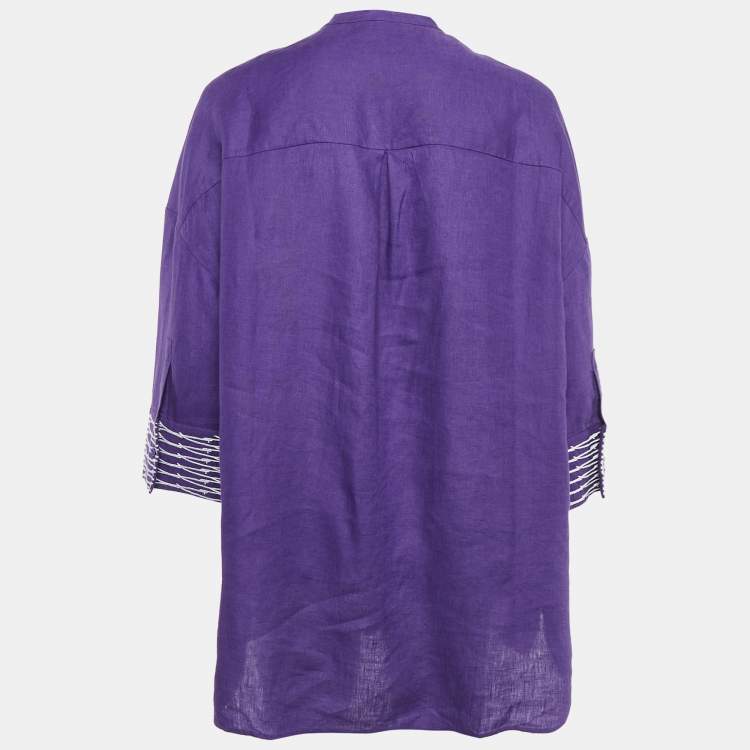 Pre Owned Loro Piana Purple Embroidered Linen Button Front Blouse L