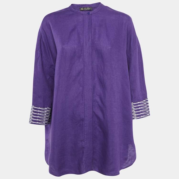 Pre Owned Loro Piana Purple Embroidered Linen Button Front Blouse L
