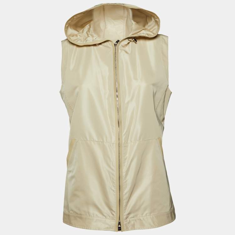 مملوكة مسبقًا Loro Piana Light Beige Silk Blend Leather Trim Detail Zip-Up Hooded Vest L
