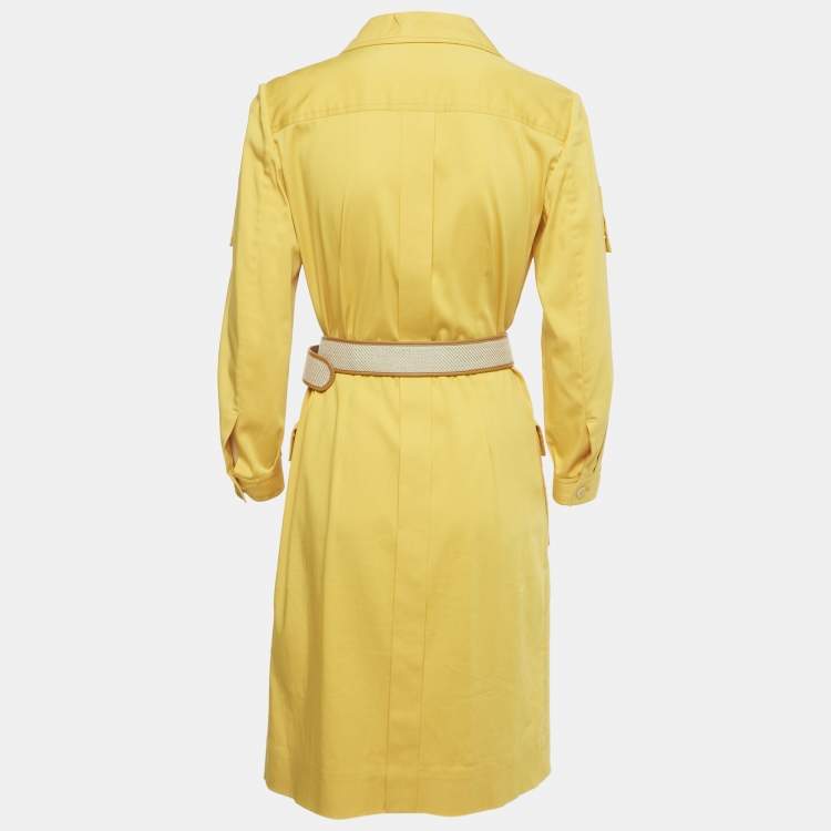 Pre Owned Loro Piana Yellow Cotton Button Front Belted Coat Dress M