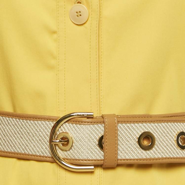 Pre Owned Loro Piana Yellow Cotton Button Front Belted Coat Dress M