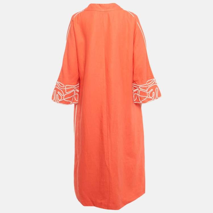 Pre Owned Loro Piana Coral Embroidered Sleeve Linen Midi Dress L  