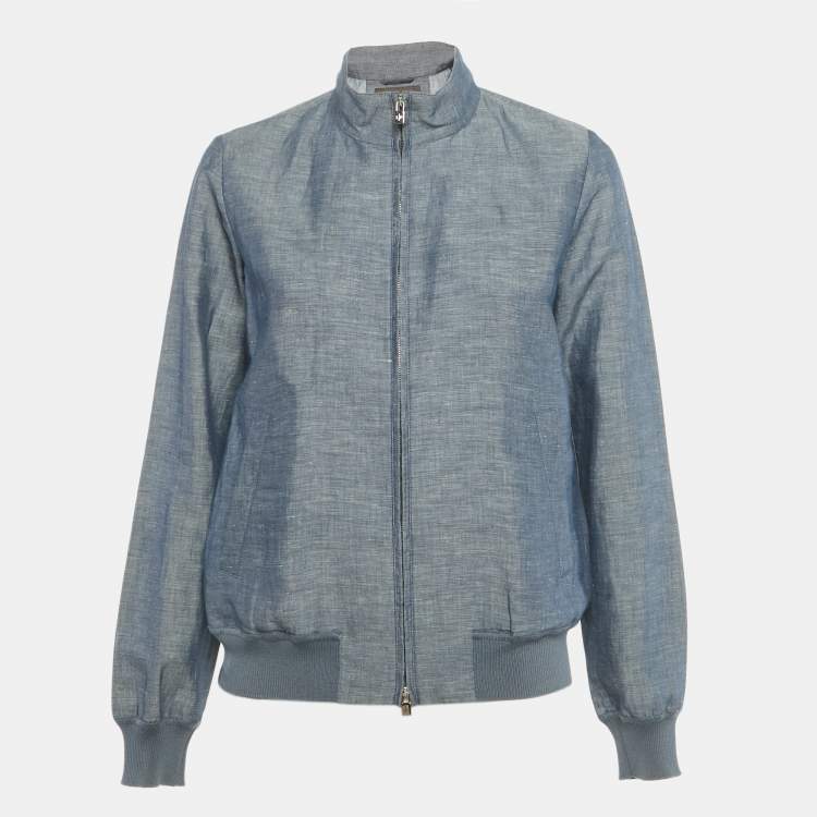 Pre Owned Loro Piana Blue Linen and Cotton Zip-Up Jacket S
