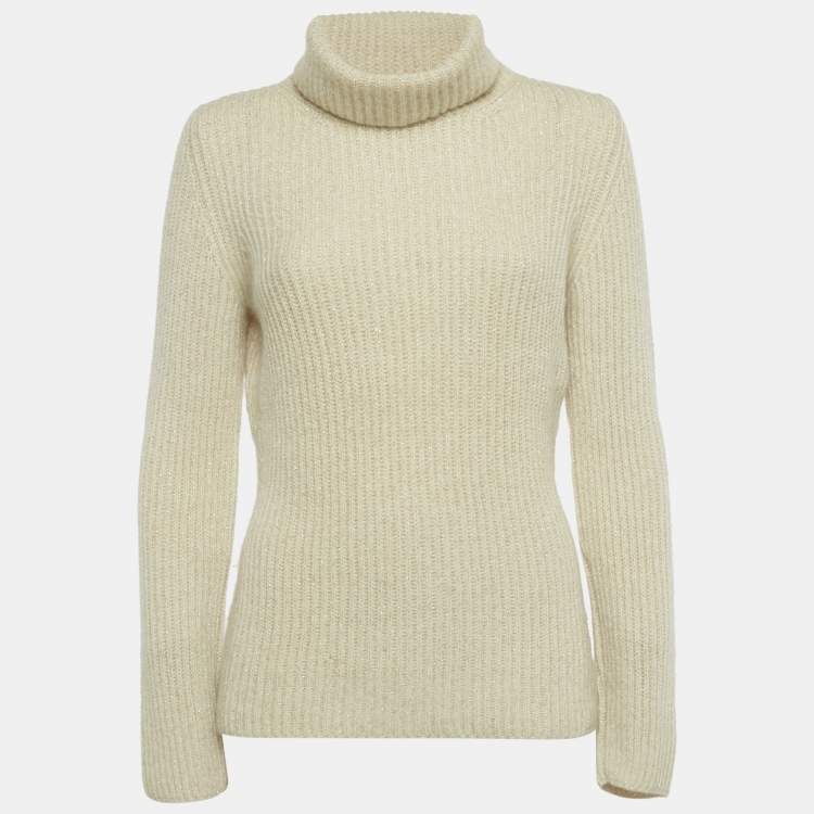 Pre Owned Loro Piana Beige Lurex Knit Cashmere Turtle Neck Sweater L 