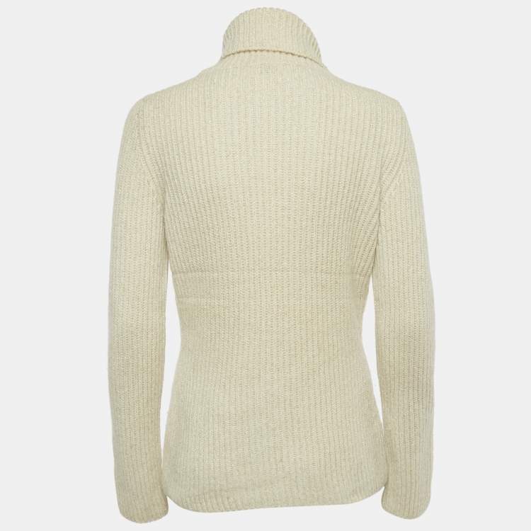 Pre Owned Loro Piana Beige Lurex Knit Cashmere Turtle Neck Sweater L 