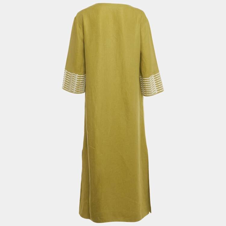 Pre Owned Loro Piana Green Embroidered Detail Linen Midi Dress S 