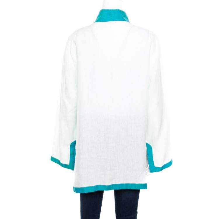 Pre Owned Loro Piana Blue Linen Contrast Trim Detail Long Sleeve Top L