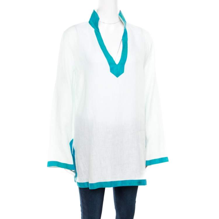 Pre Owned Loro Piana Blue Linen Contrast Trim Detail Long Sleeve Top L
