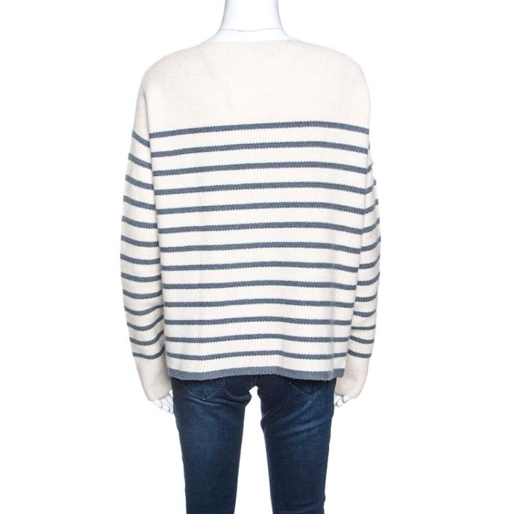 Pre Owned Loro Piana Off White Striped Baby Cashmere Waffle Knit Sweater M