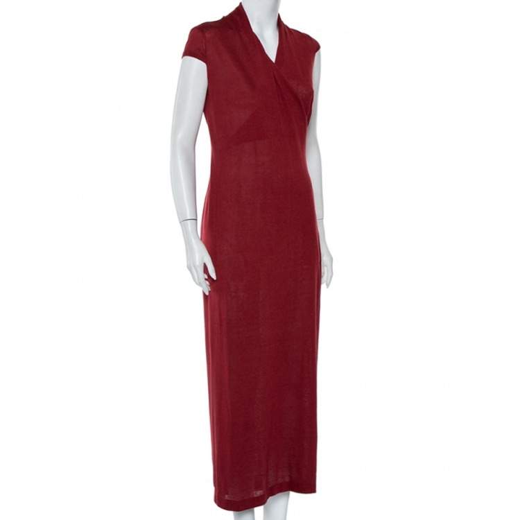 مملوكة مسبقًا Loro Piana Burgundy Linen and Silk Draped Cap Sleeve Maxi Dress S