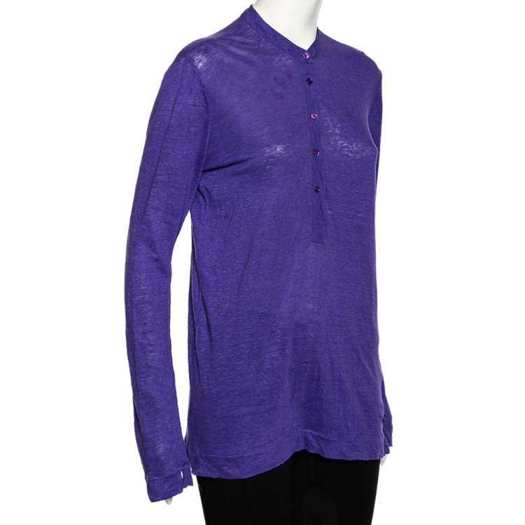 Pre Owned Loro Piana Purple Linen Long Sleeved Polo T-Shirt S