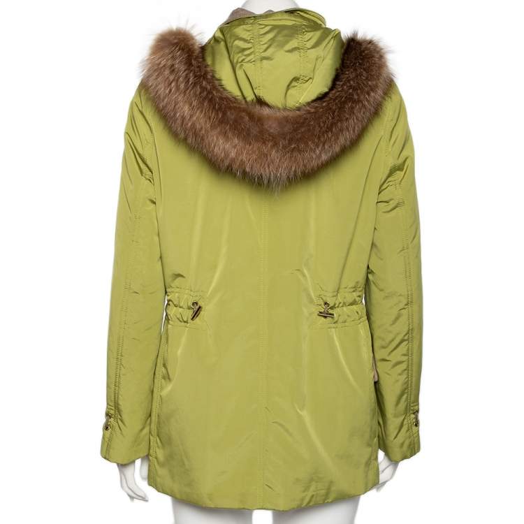 Pre Owned Loro Piana Green Synthetic & Faux Fur Trimmed Button Front Hooded Jacket S