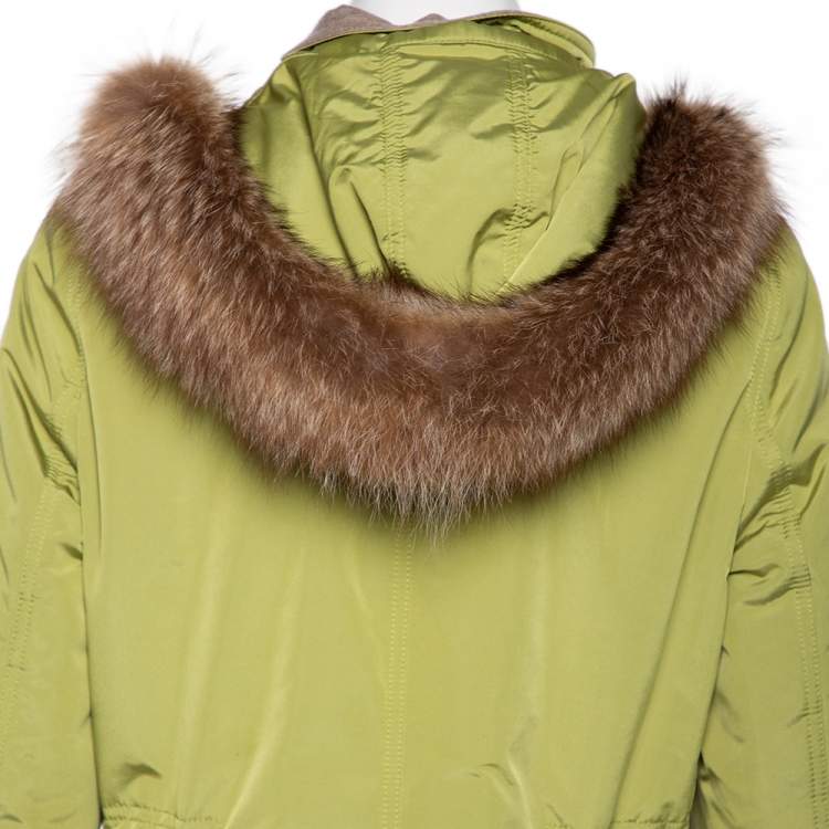 Pre Owned Loro Piana Green Synthetic & Faux Fur Trimmed Button Front Hooded Jacket S