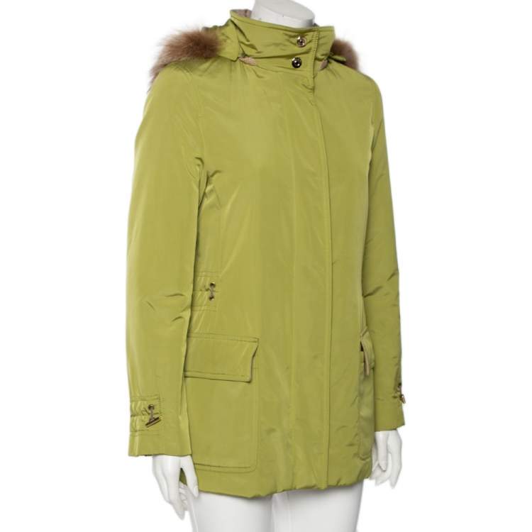 Pre Owned Loro Piana Green Synthetic & Faux Fur Trimmed Button Front Hooded Jacket S