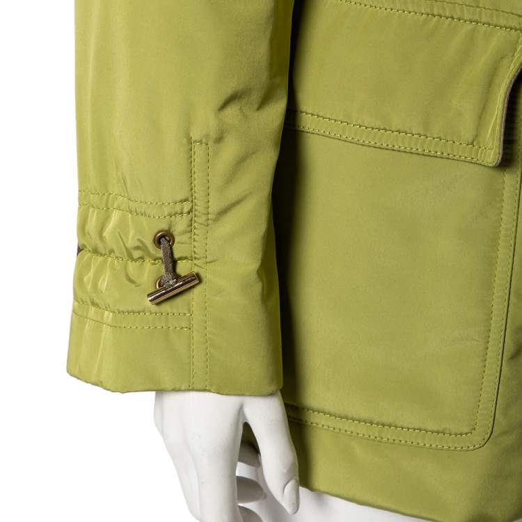 Pre Owned Loro Piana Green Synthetic & Faux Fur Trimmed Button Front Hooded Jacket S