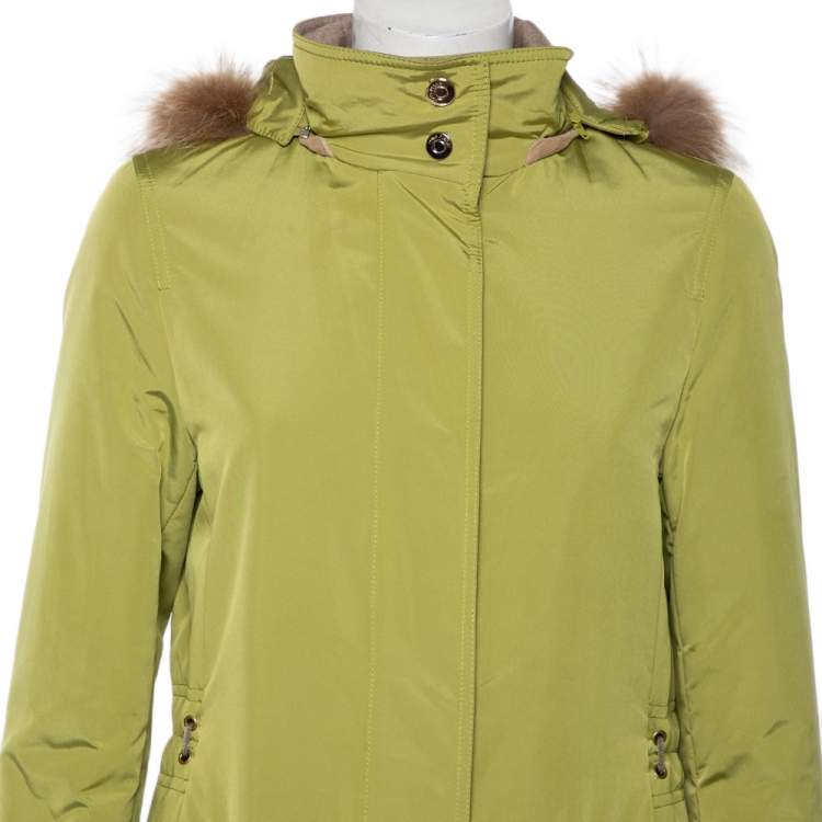 Pre Owned Loro Piana Green Synthetic & Faux Fur Trimmed Button Front Hooded Jacket S
