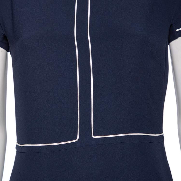 Pre Owned Loro Piana Navy Blue & White Trimmed Silk Midi Dress M