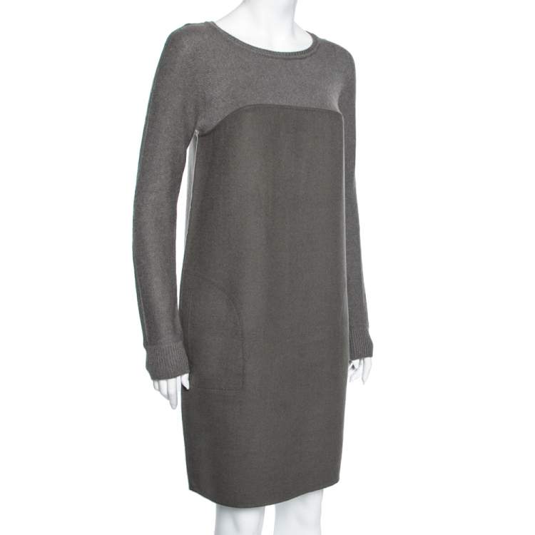مملوكة مسبقًا Loro Piana Grey Cashmere & Knit Paneled Long Sleeve Dress M
