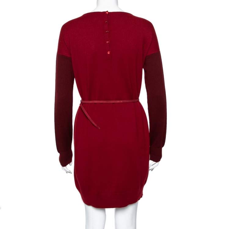 Pre Owned Loro Piana Red Two Toned Cashmere & Suede Trimmed Belted Dress M