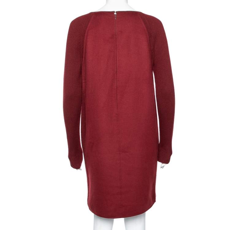 Pre Owned Loro Piana Dark Red Cashmere & Suede Trim Detailed V-Neck Dress M
