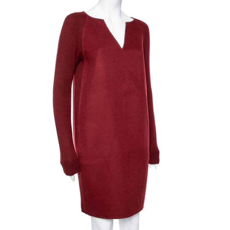 Pre Owned Loro Piana Dark Red Cashmere & Suede Trim Detailed V-Neck Dress M