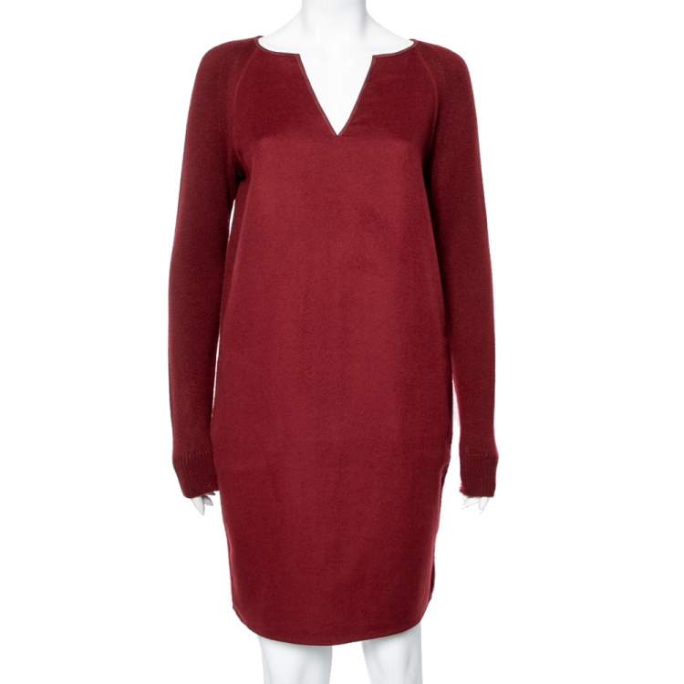Pre Owned Loro Piana Dark Red Cashmere & Suede Trim Detailed V-Neck Dress M