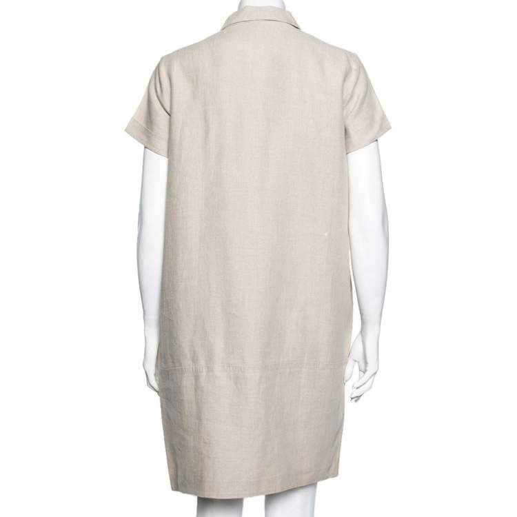 Pre Owned Loro Piana Beige Linen Button Front Short Sleeve  Dress M