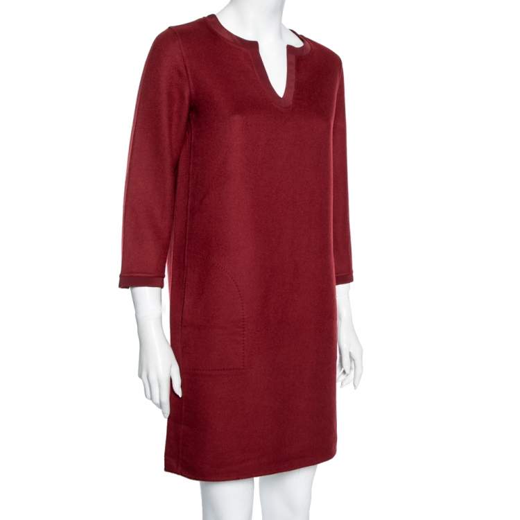 Pre Owned Loro Piana Red Cashmere & Silk Trim Detailed Dress S