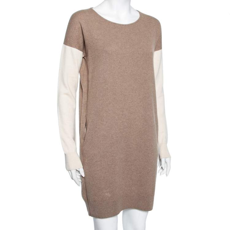 Pre Owned Loro Piana Beige Two Toned Cashmere & Suede Trimmed Dress M