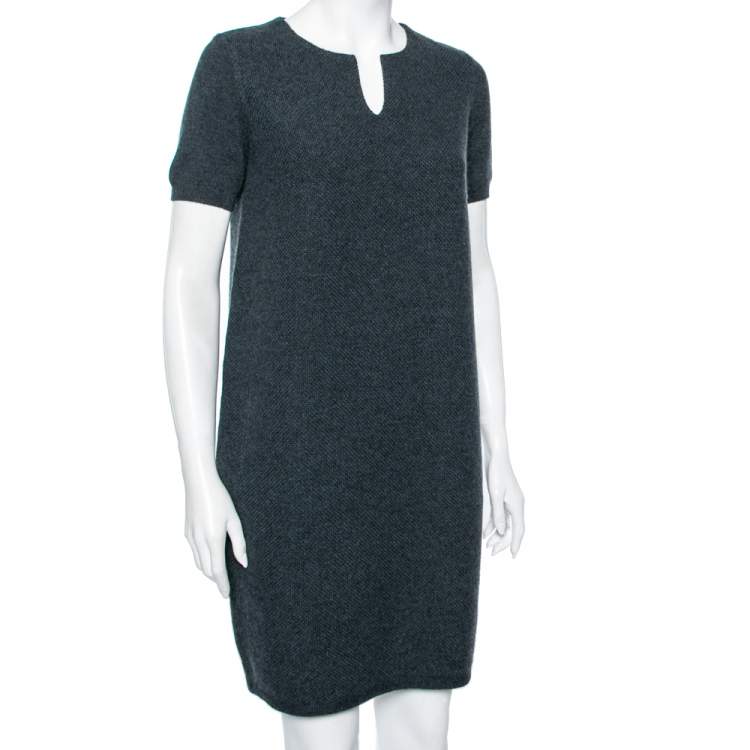 مملوكة مسبقًا Loro Piana Charcoal Grey Cashmere Knit Short Sleeve Dress M