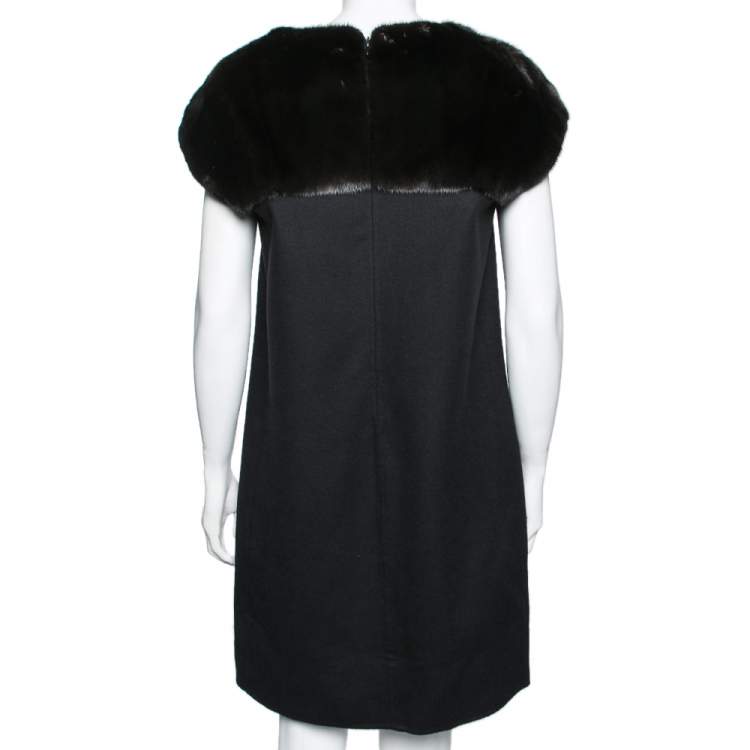 Pre Owned Loro Piana Black Cashmere & Brown Mink Fur Trimmed Dress M