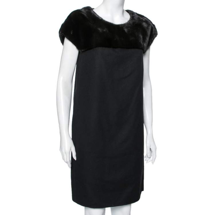 Pre Owned Loro Piana Black Cashmere & Brown Mink Fur Trimmed Dress M