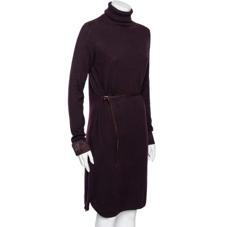 Pre Owned Loro Piana Purple Cashmere Turtle Neck Belted Dress S