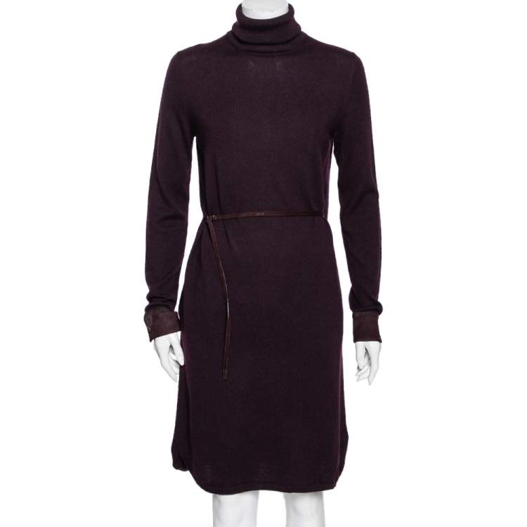Pre Owned Loro Piana Purple Cashmere Turtle Neck Belted Dress S