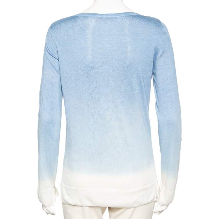 Pre Owned Loro Piana Blue and White Knit Long Sleeve Crew Neck Top M