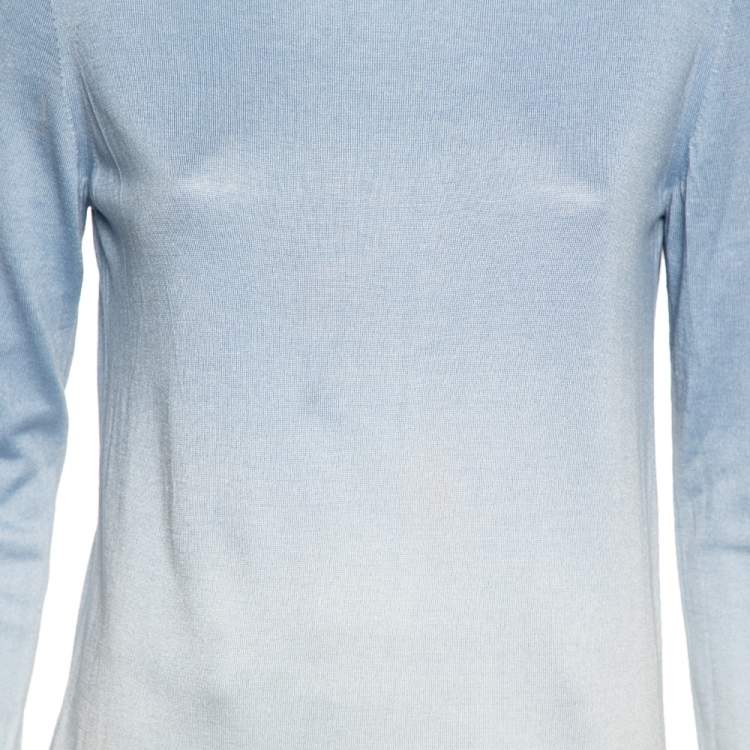 Pre Owned Loro Piana Blue and White Knit Long Sleeve Crew Neck Top M