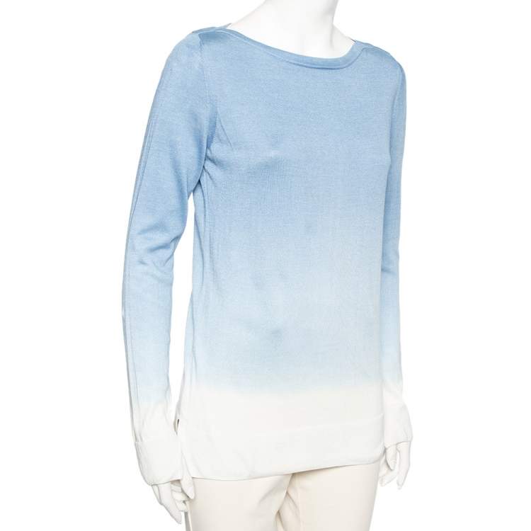 Pre Owned Loro Piana Blue and White Knit Long Sleeve Crew Neck Top M