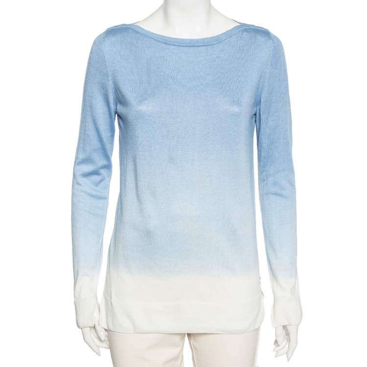 Pre Owned Loro Piana Blue and White Knit Long Sleeve Crew Neck Top M